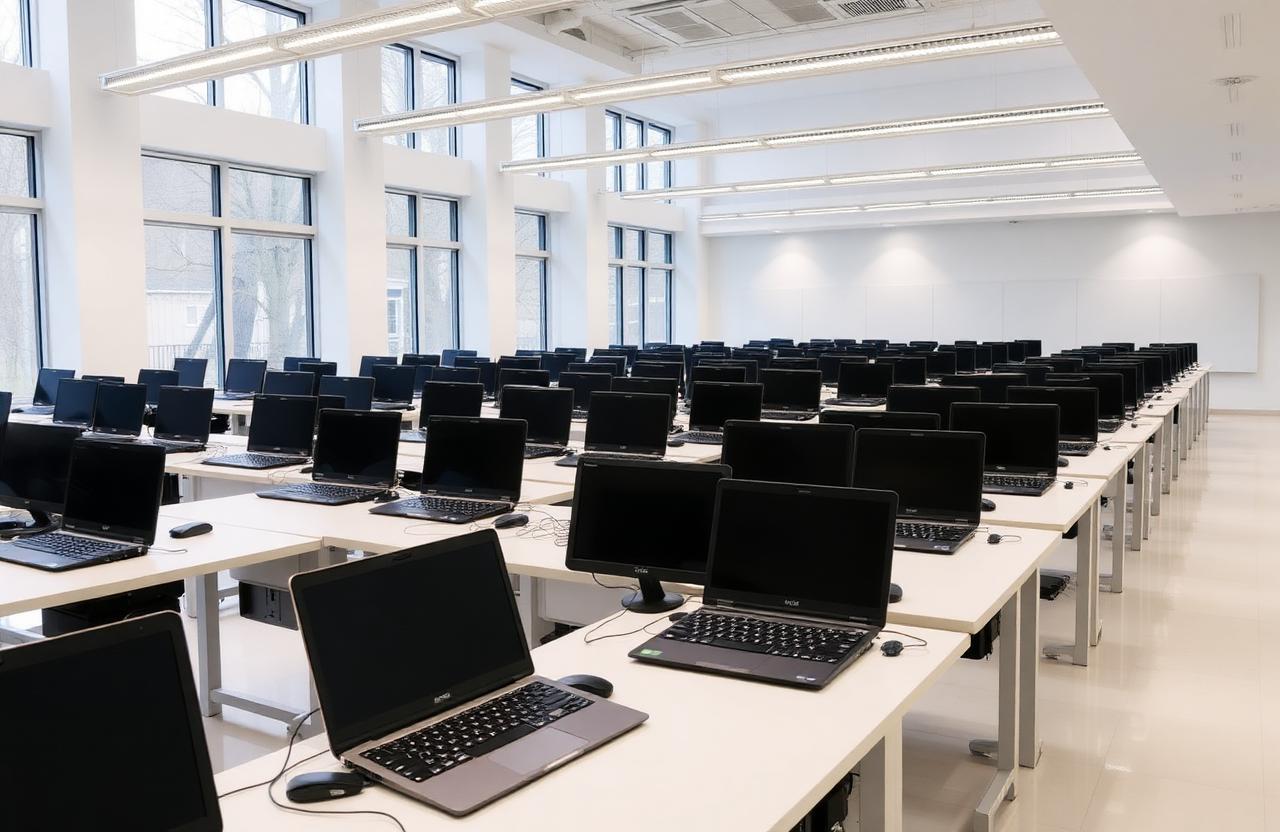 Modern computer lab classroom with rows of devices and workstations.