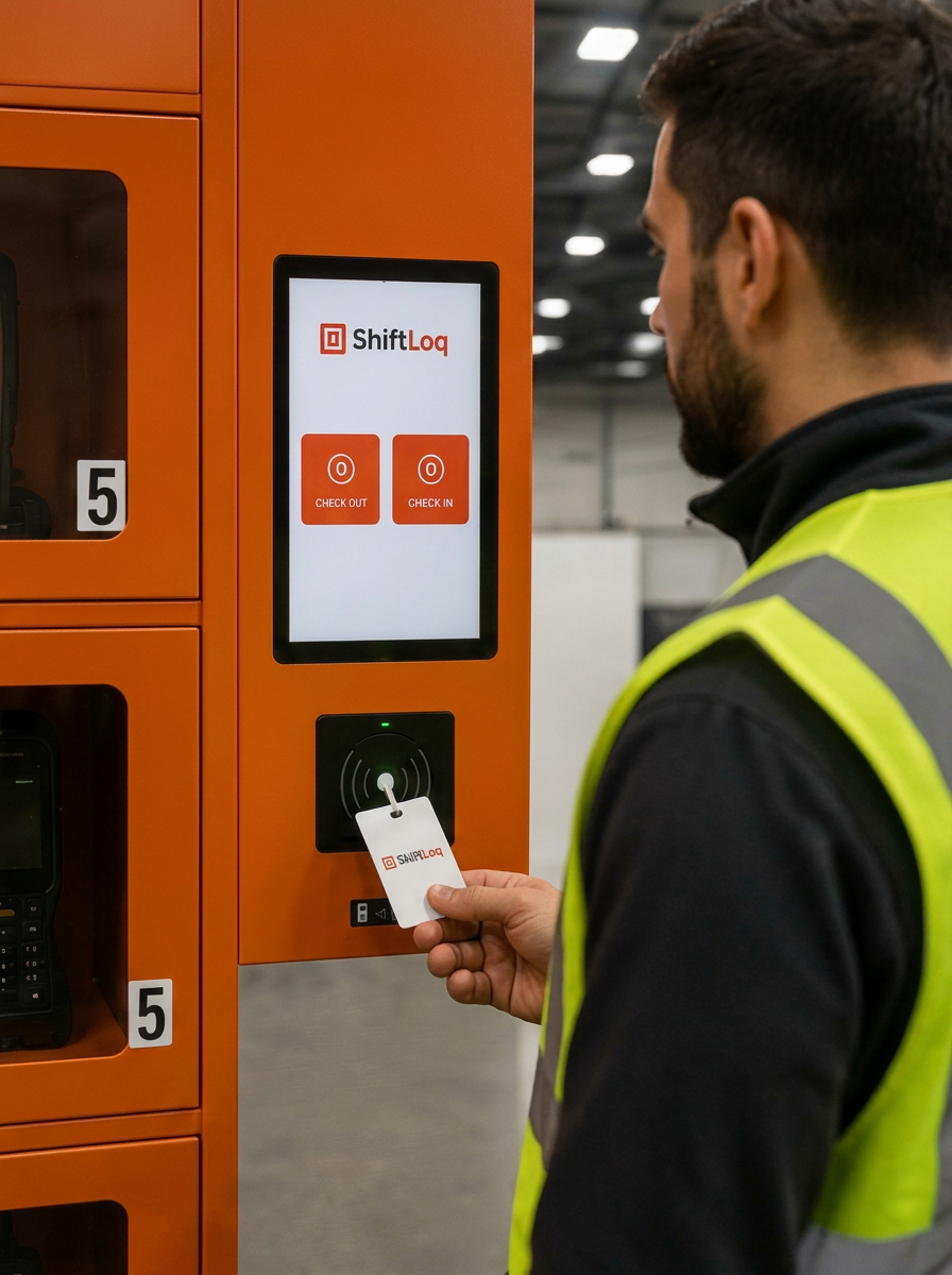 Warehouse worker tapping a ShiftLoq badge on the kiosk to check out a device