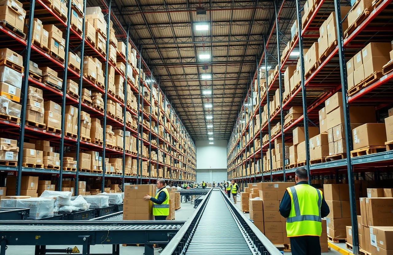 Busy warehouse interior with shelving, conveyor systems, and workers picking orders.