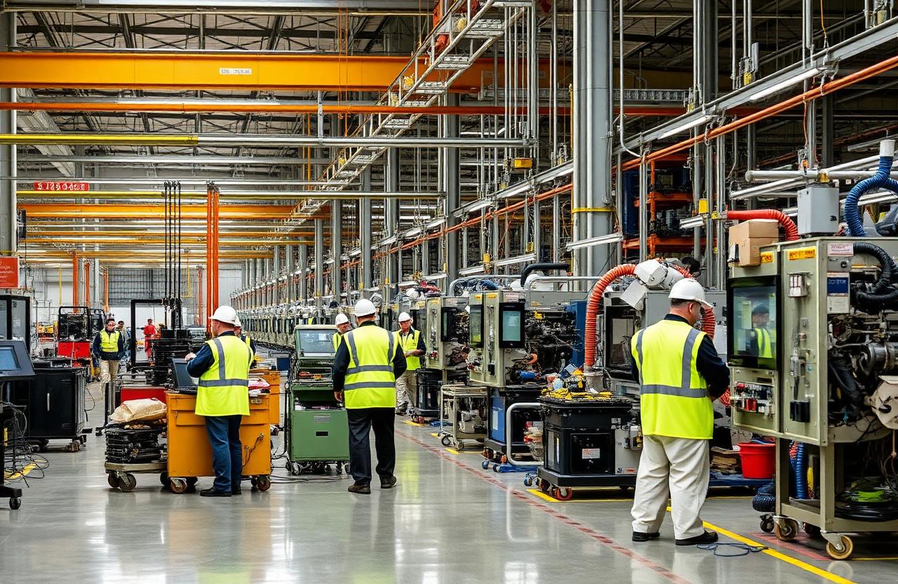 Manufacturing plant floor with workers operating equipment and machinery.
