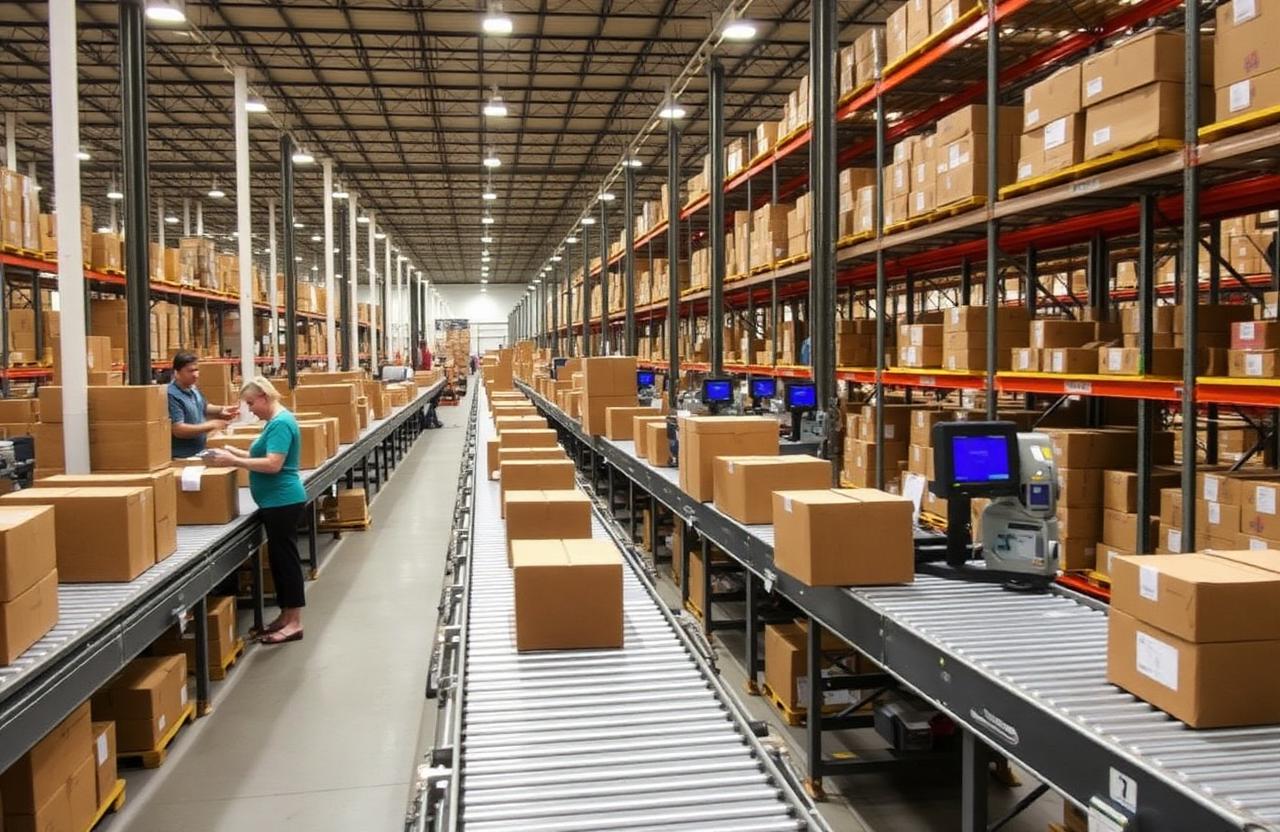 Retail distribution center with packages moving on conveyor belts and workers sorting orders.
