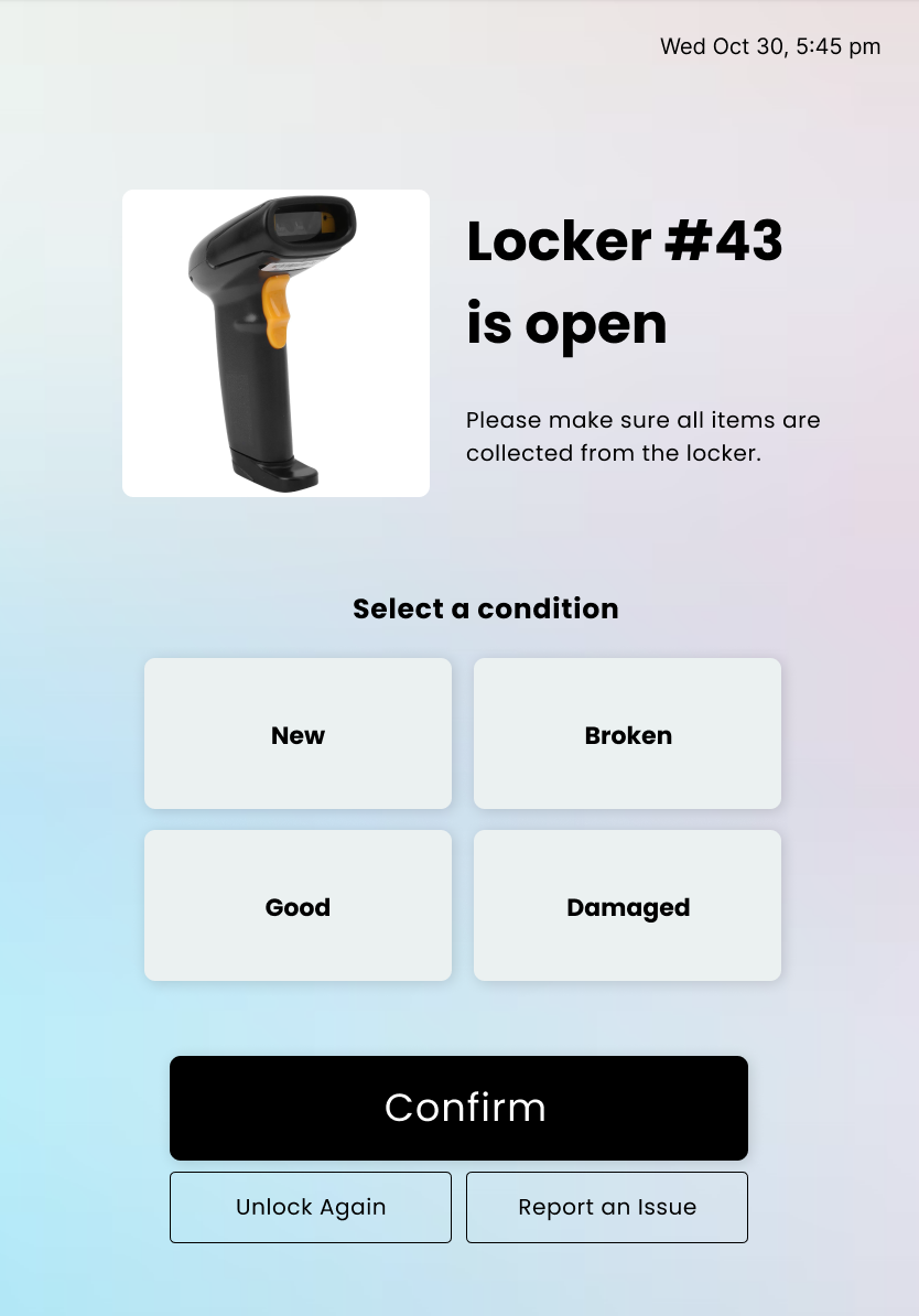 ShiftLoq kiosk screen prompting a user to confirm the condition of a returned device.