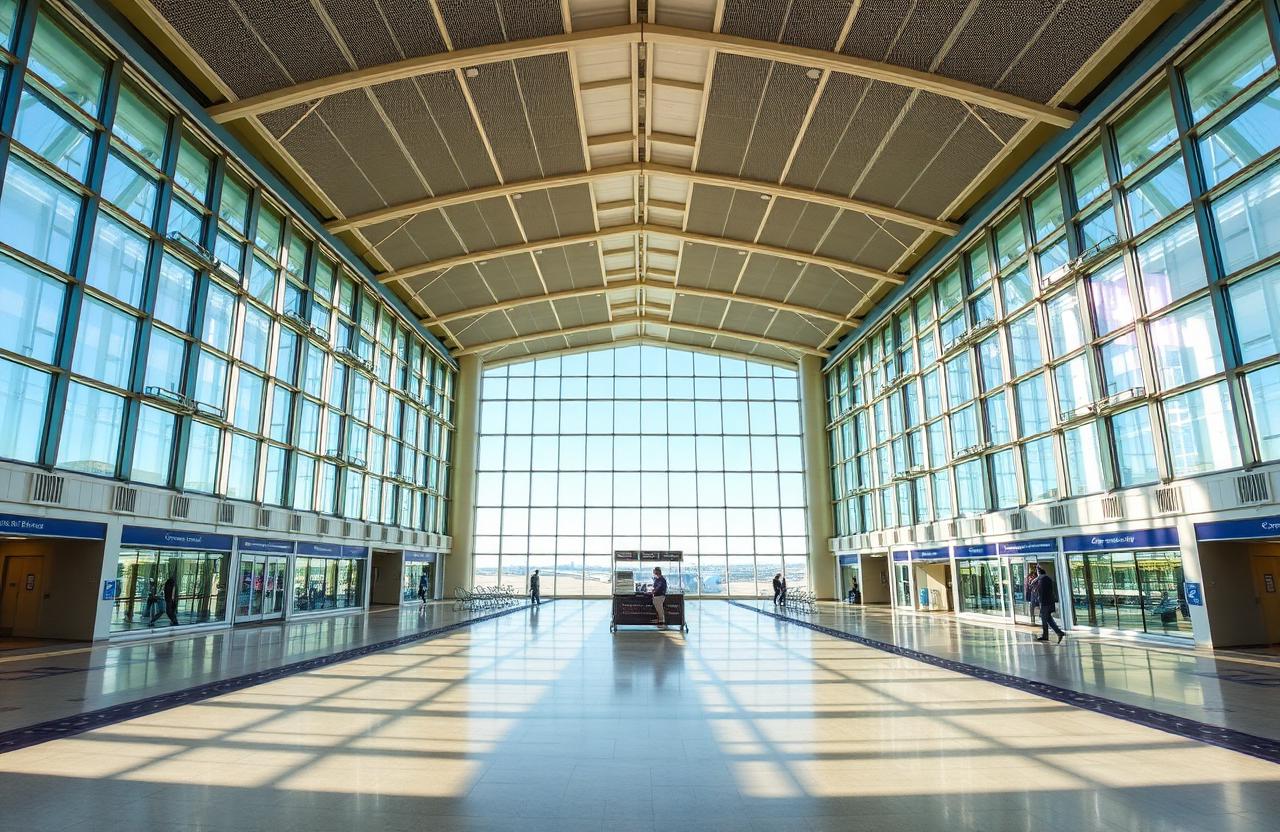 Modern airport terminal interior with large open concourse and operational infrastructure.