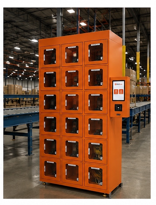 ShiftLoq smart locker bank installed in a warehouse next to conveyor belts