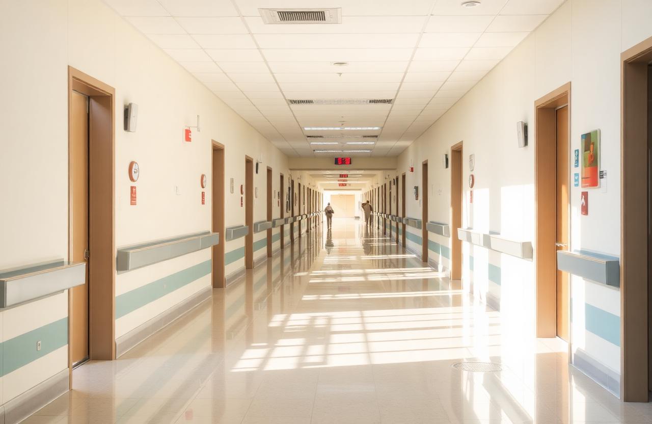 Modern hospital interior hallway with clean clinical environment.